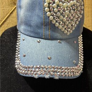 Embellished Denim Cap with Pearls and Rhinestones
